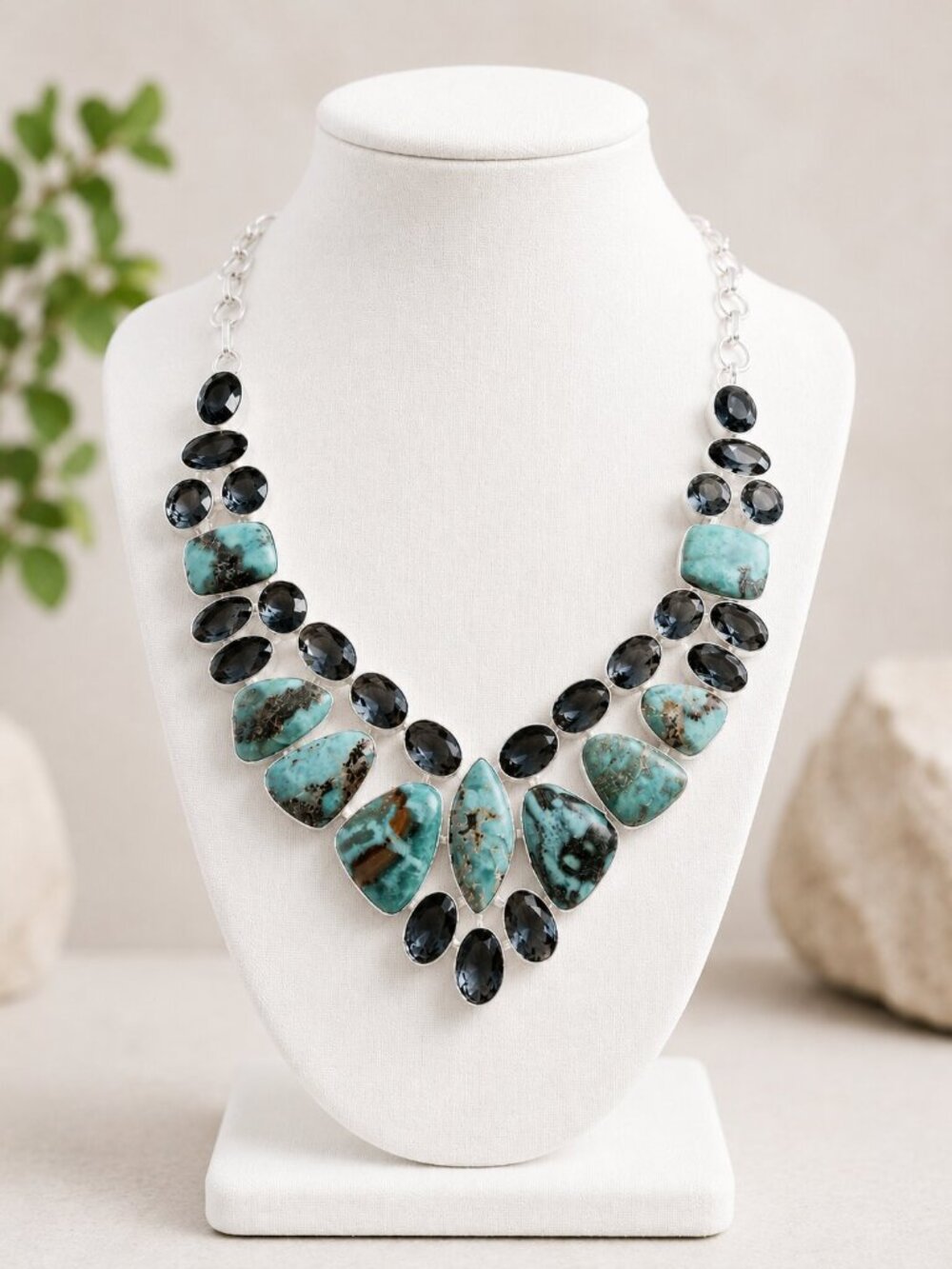 Silver Bib Necklace with Turquoise and Blue Topaz Gems Southwestern Boho NEW